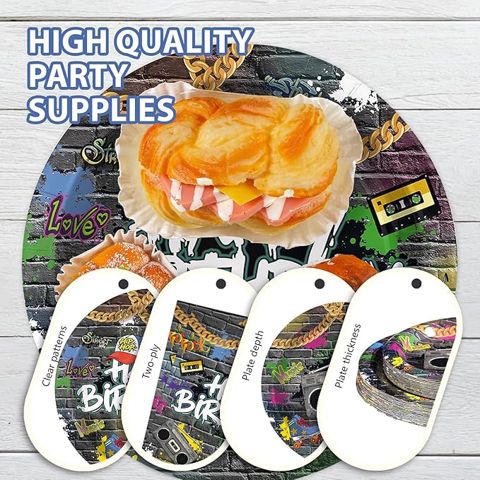 168Pcs Hip Hop Birthday Party Supplies Hip Hop Graffiti Wall 80s 90s Plates and Napkins Retro Neon Tableware Set for Retro Music Theme Colorful Birthday Party Decorations Serves 24