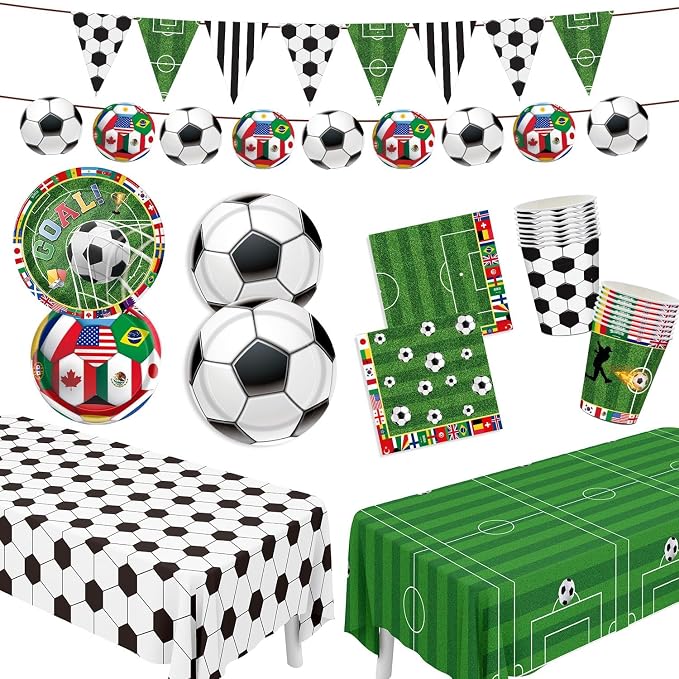 Soccer Party Supplies Decorations Kit for 24 Guests-The 23rd World Cup Design Dinnerware-Plates(9&7in) Napkins Cups Cutlery 2 Tablecloths & Soccer Pennant Flags Banner for Party, World Cup, Birthday