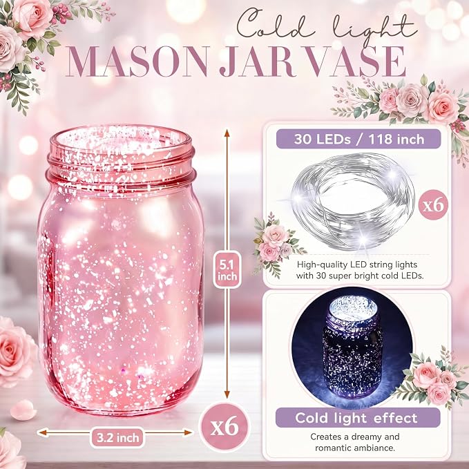 Layhit 6 Pcs Painted Mason Jars Colored Painted Mason Jars Centerpiece for Table with 6 Pcs 9.84 ft 30 LED Operated Fairy Lights for Wedding (Light Pink)