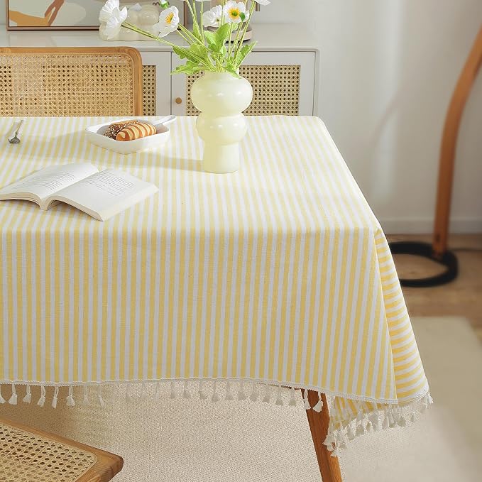 meioro Striped Tablecloth Rectangle Tablecloths Cotton Blend Table Cloth Washable Tabletop Decorative Fabric Table Cover for Kitchen Dinning (Yellow, 60 x 60 Inch)