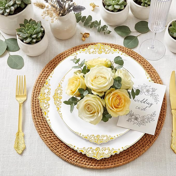 200PCS White and Gold Plastic Plates - Gold Disposable Plates - Gorgeous Wedding Plate 10inch Dinner & 7.25inch Dessert Plate for 100 Guests for Wedding & Party