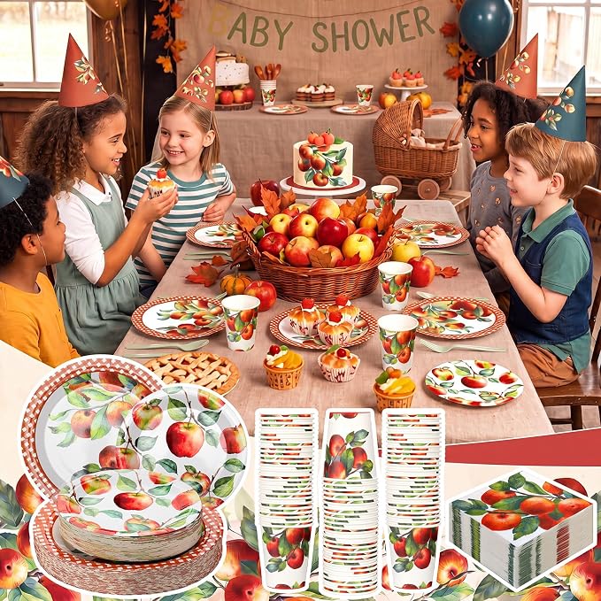 Domensi 250 Pcs Fall Apple Party Paper Plates and Napkins Forks Autumn Apple Party Supplies Decoration Fall Theme Tableware Set for Rosh Hashanah Harvest Fruit Theme Birthday Parties Baby Shower