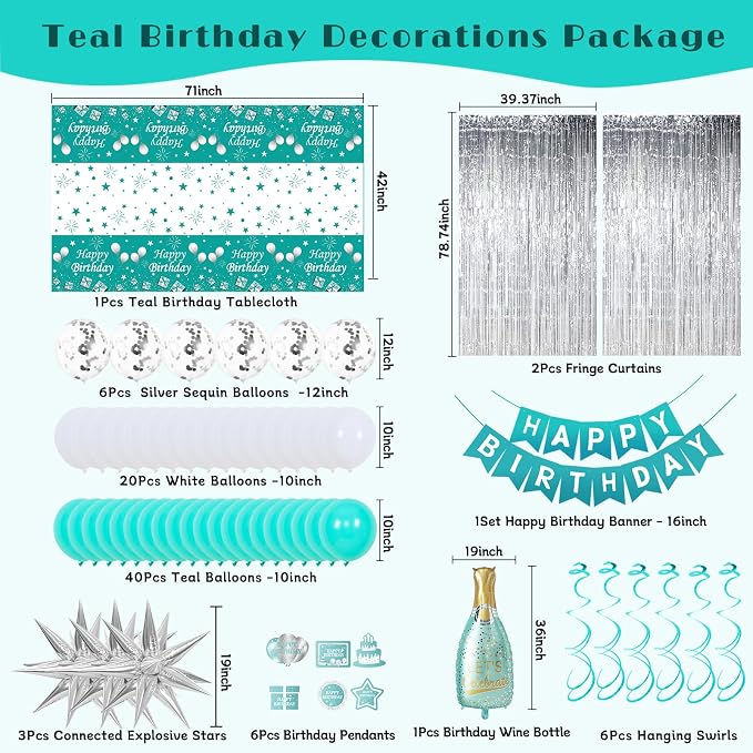 Teal Birthday Decorations for Women Girls, Turquoise Birtihday Decorations Brthday Party Decoartions with Happy Brithday Banner Balloons Arch Fringe Curtains Tablecloth Wine Bottle Birthday decor