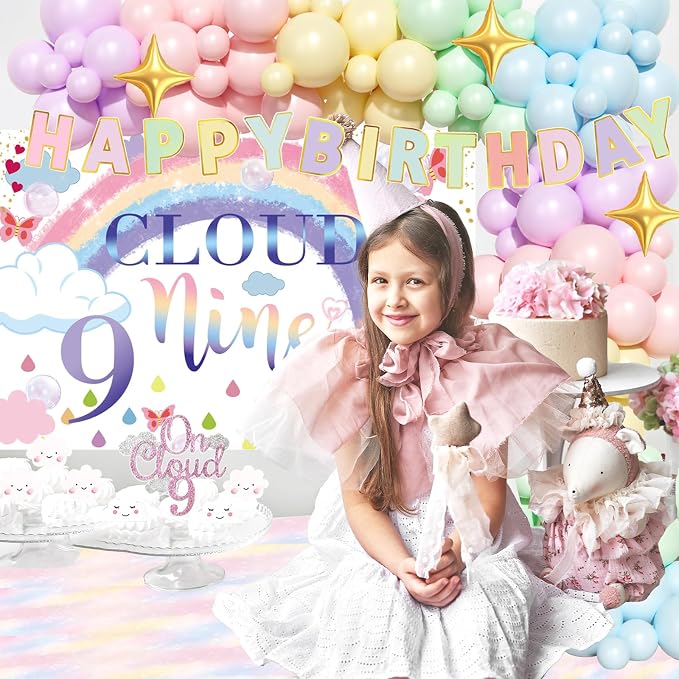 on Cloud 9 Birthday Decorations for Girl – 124 PCs Cloud Themed Nine Birthday Party Supplies with Backdrop, Balloon Garland, Banner, Tablecloth, Cake Topper, Cupcake Topper