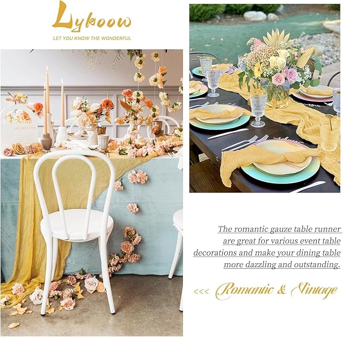 12 Packs Gold Table Runner, Charming Cheesecloth Table Runner 17 x 108inch, Gauze Boho Wedding Decoration Rustic Sheer Fabric Cheese Cloth Table Runners for Wedding Party Bridal Shower
