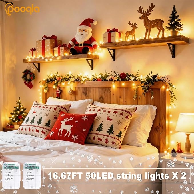 Pooqla 2 Pack String Lights Battery Operated, Total 33.3ft 100 LED Fairy Lights Indoor Outdoor Decorations, 8 Modes Warm White Battery Christmas Lights for Bedroom Classroom Porch Party Yard Decor