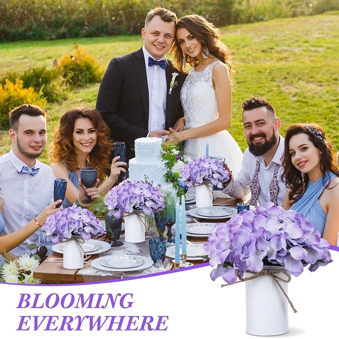Zeyune Purple 12 Sets Wedding Flower Table Centerpieces Artificial Hydrangeas with Rustic Metal Vase Fake Hydrangea Flowers in Pot Floral Arrangement for Wedding Bridal Tea Party Table Home Decor