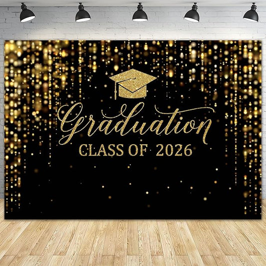7x5ft Polyester Black Congrats Graduation Backdrop Class of 2026 Photography Background Gold Bachelor Cap Celebration Party Decorations Banner Picture Photo Booth