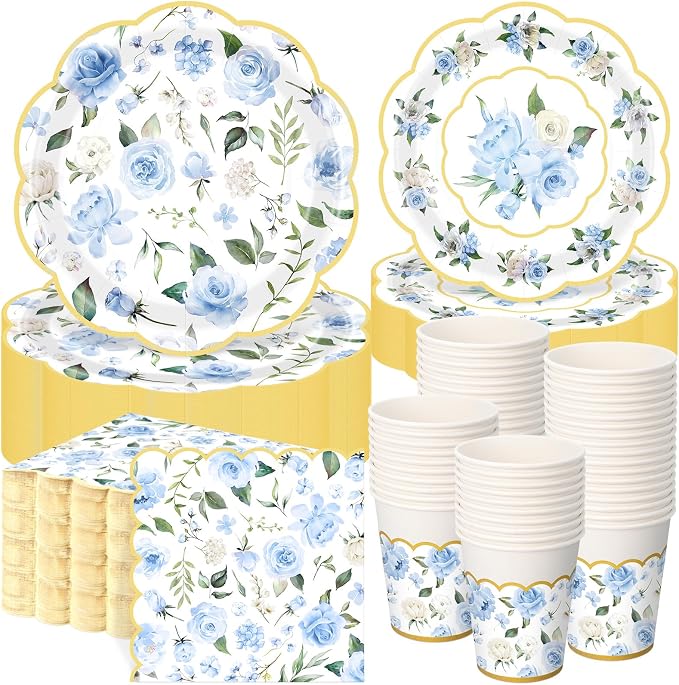 Funnymoom 250 Pcs Floral Party Decorations Flower Paper Plates Napkins and Cups Blue and Gold Floral Disposable Tableware Set for Bridal Shower Baby Shower Wedding Spring Tea Party Supplies, Serves 50