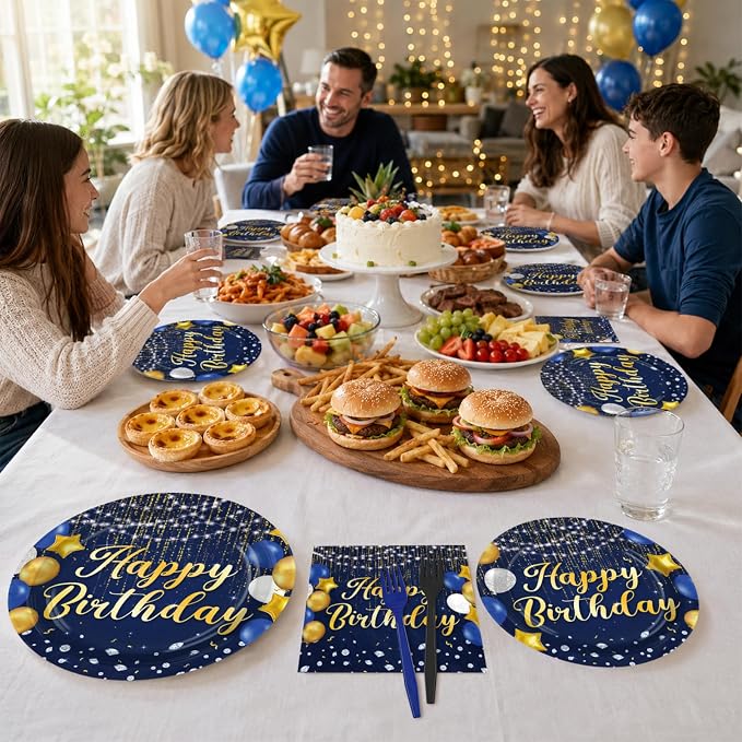 96Pcs Blue and Gold Birthday Party Decorations for Navy Blue Gold Disposable Plates and Napkins Tableware Set Happy Birthday Decorations for Men Women Bday Party Supplies Serves 24