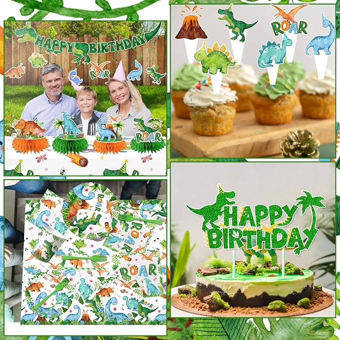 Dinosaur Birthday Party Supplies for Boys,Dinosaur Birthday Decorations Includes Party Plates and Napkins,Banner,12 Balloons,Tablecloth,Cups,Honeycomb Cupcake Topper,Hanging Swirls,Serve 24