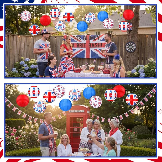 Panelee 12 Pcs British Party Decoration Britain UK England Flag Theme Hanging Paper Lanterns with London Double Decker Bus Telephone Booth Lanterns Decorative for Hanging Coronation Party Decor