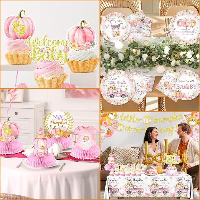 Little Pumpkin Baby Shower Decorations,198pcs A Little Pumpkin is On The Way Baby Shower Plate and Napkins Cups Tablecloth Cake Topper Honeycomb Balloon Fall baby shower Decorations for Girl ,Serve 24