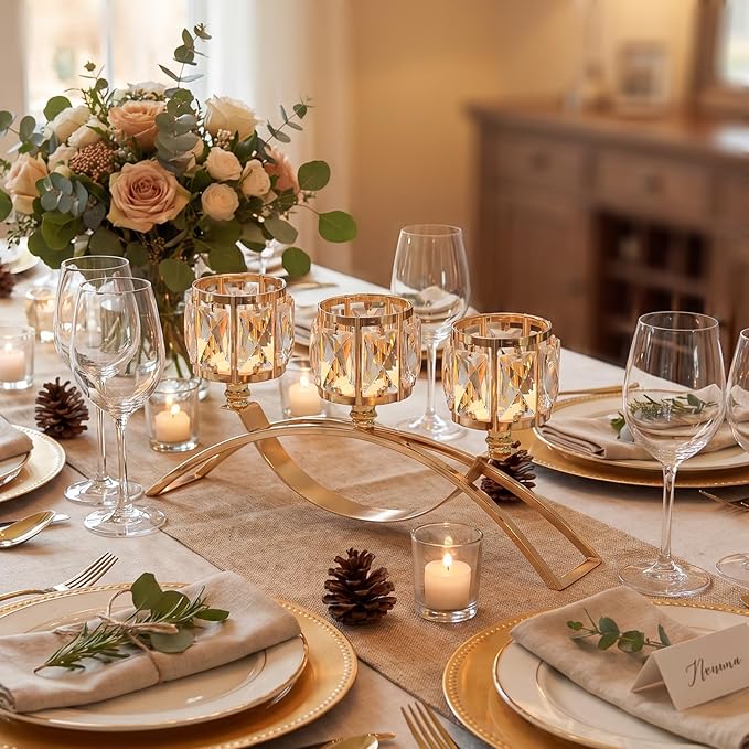 3 Arms Crystal Candle Holders, Arch Candlestick Table Candelabras Centerpieces for Wedding, Dinning Room, Cabinet Ornaments, Home Decoration， Gift (3-arm Arched, Gold)