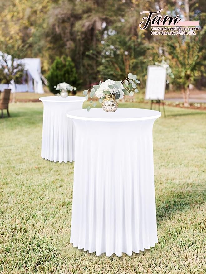 fani 6 Packs 32"x 43" Round Cocktail Table Skirt, Spandex Fitted High Top Table Skirt, Spandex Stretch Cocktail Tablecloth for Wedding Party Bar Banquet Birthday Tables(White)