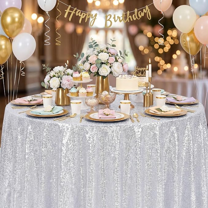 B-COOL Silver Sequin Tablecloth Decorations - 120 Inch Sparkly Table Fabric for Holiday Feast Birthday Celebration Anniversary Party