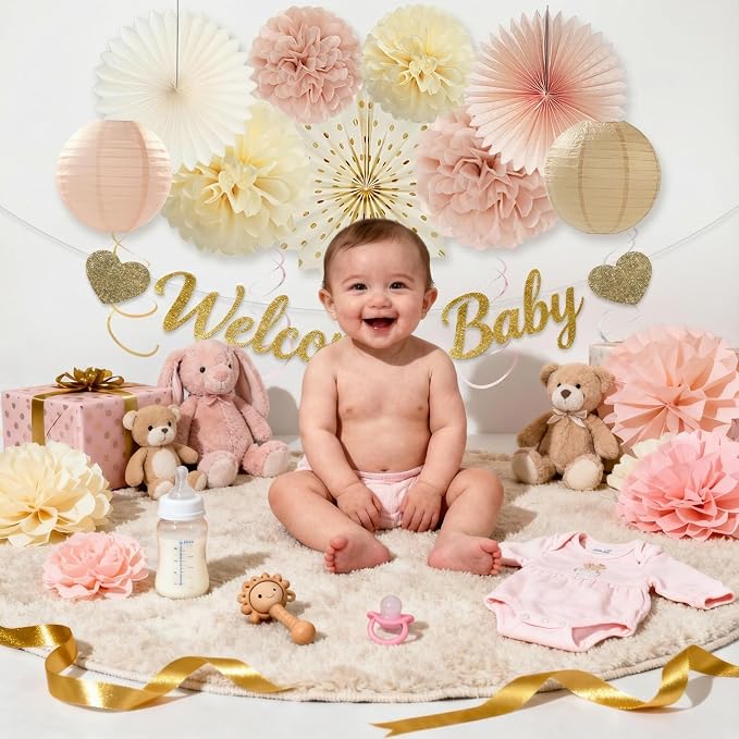 Champagne Gold Beige Baby Shower Party Decorations, Welcome Baby Banner, Paper Pompoms, Lanterns, Fans, Hanging Swirls, Circle Dots Garland Tassel Garland for Baby Shower Decorations 37pcs