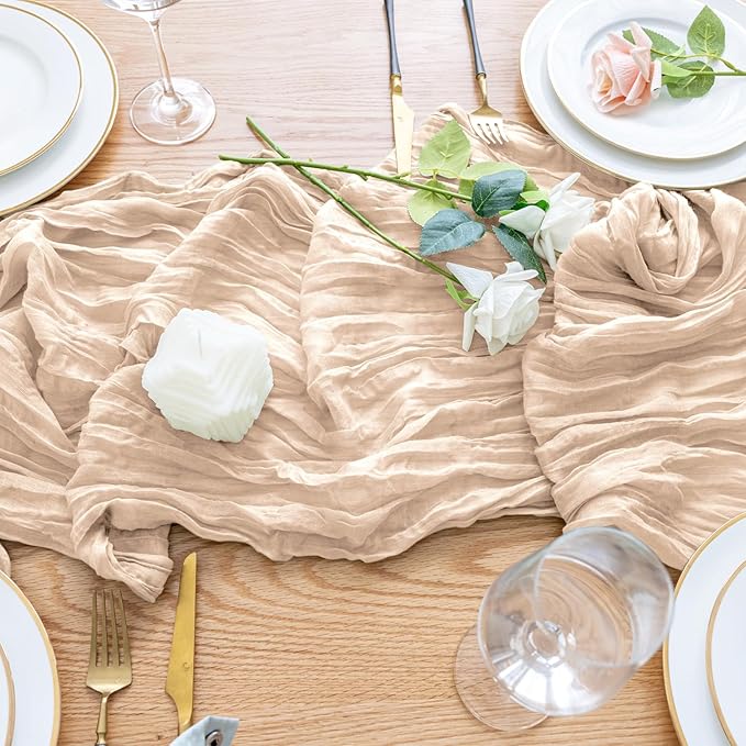 Wokceer Cheesecloth Table Runner 2 Pack 10FT Beige Boho Gauze Christmas Cheese Cloth Table Runner for Party Long Rustic Sheer Table Runners for Baby Bridal Shower Wedding Easter Table Decor