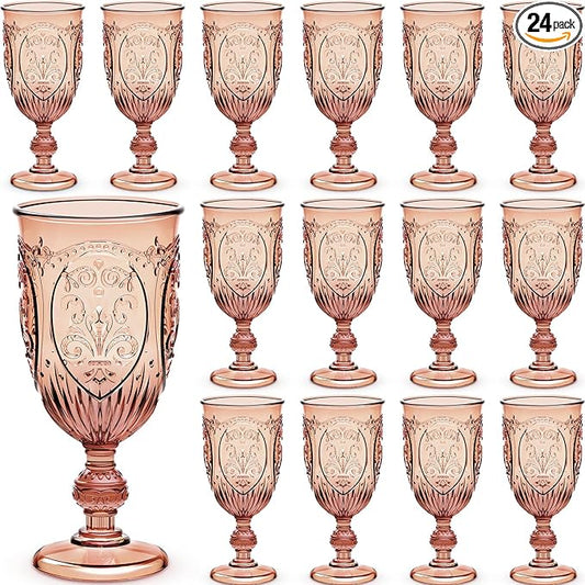 Wiwiqing 24 Pcs Plastic Goblets 7.5oz Vintage Goblet Plastic Wine Glasses Colored Retro Embossed Water Goblets for Wine Bar Juice Baby Shower Wedding Reception Grand Event Party (Rose Gold)