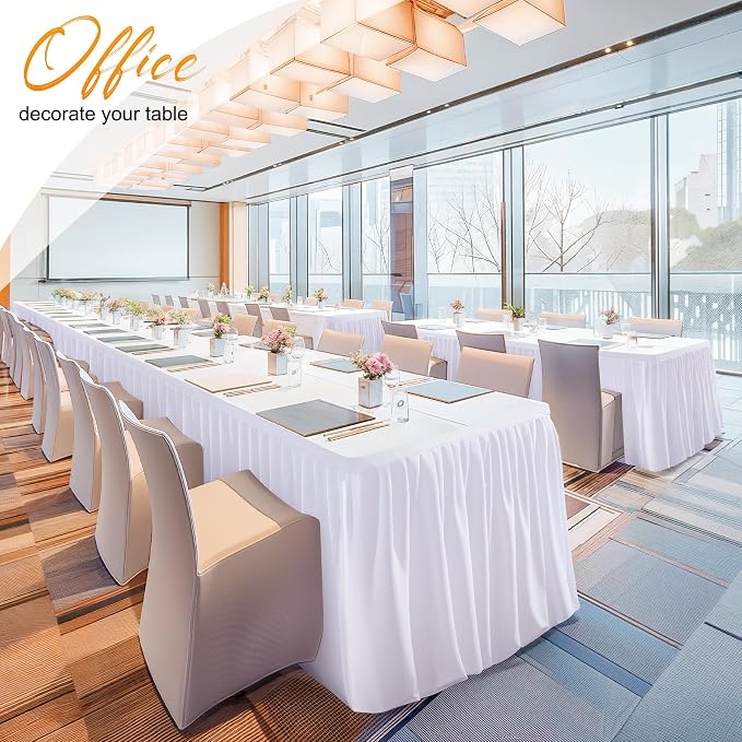 2 Packs White Tableclothes for 8 Foot Rectangle Tables, Wrinkle Free Fitted Table Cover 8ft Stretch Table Cloth with Skirt for Parties Weddings Birthday Banquet Baby Shower