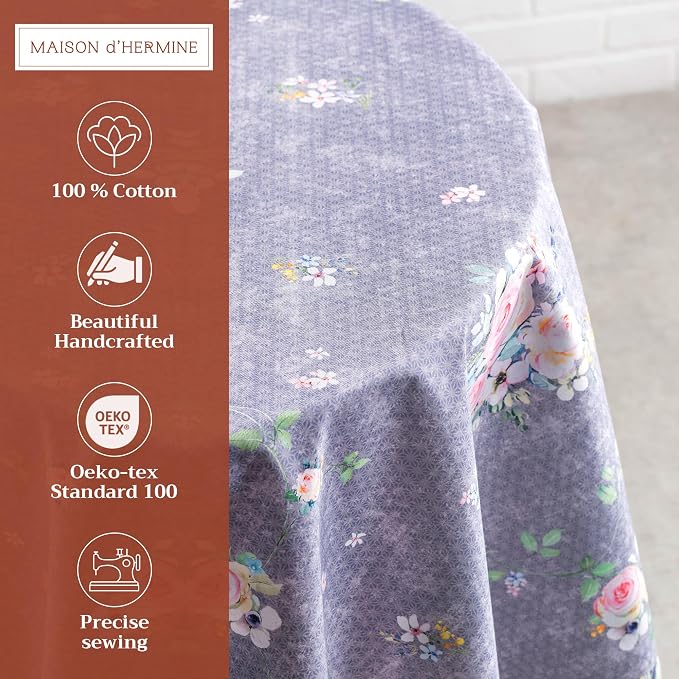 Maison d' Hermine Table Cloth Round Table 100% Cotton 63 Round Inches Tablecloth Reusable Decorative for Dining Kitchen Room Farmhouse Party Home Spring Summer - Sweet Rose Lavender - Country Garden