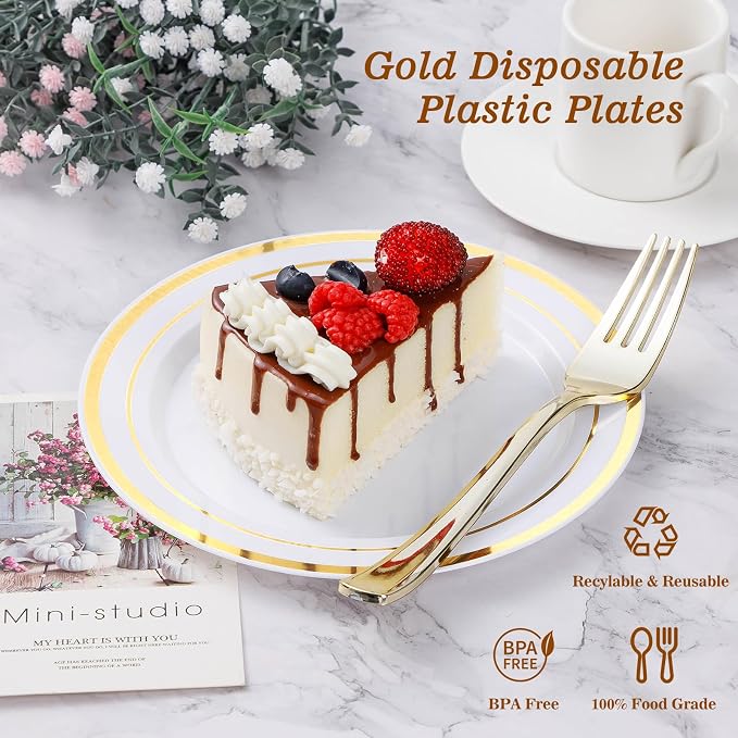 BESTVIP 400PCS Gold Plastic Plates, White with Gold Rim Disposable Plates - 200 Dinner Plates and 200 Dessert Plates, Heavy Duty Fancy Party Plates for Wedding, Catering, Large Events