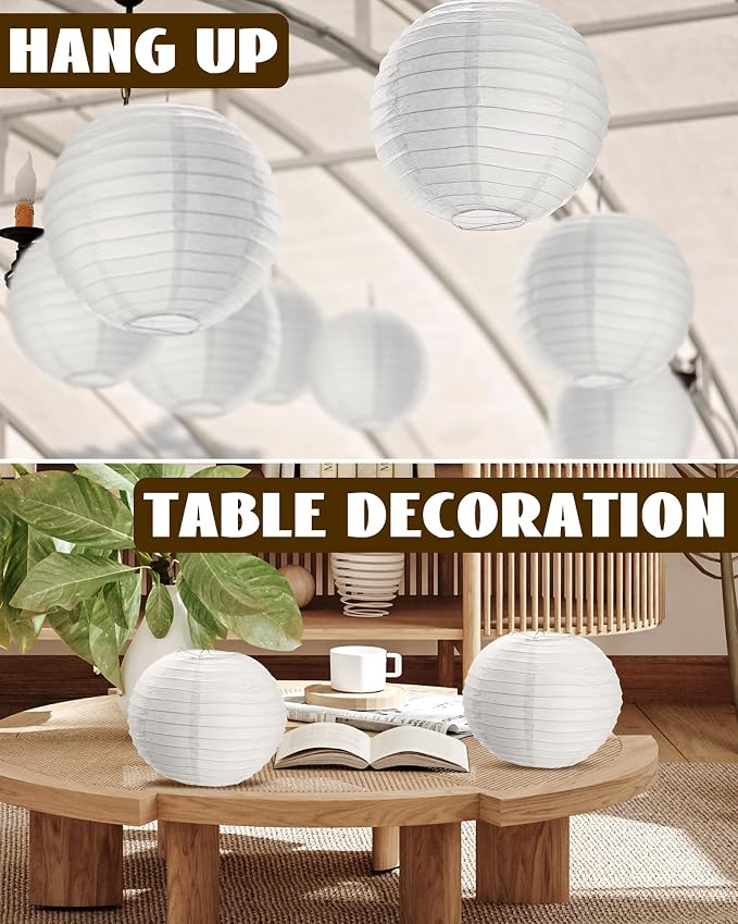 Treela 30 Pack White Chinese Japanese Paper Lanterns Decorative Hanging Round Paper Lantern Lamps for Wedding Birthday Party Decorations (10 Inch)