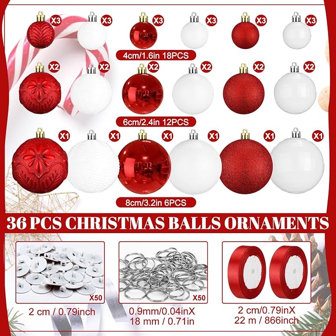 36 Pcs Christmas Balls Ornaments for Ceiling, 1.6'' 2.4'' 3.2'' Large Big Shatterproof Christmas Hanging Decorations Balls for Tree Xmas Holiday Party Indoor(Red, White)
