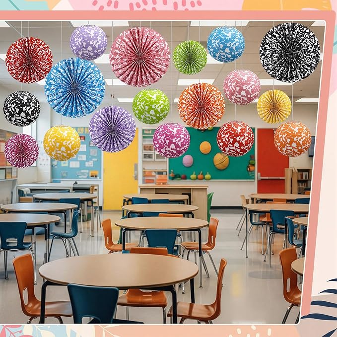 Wavwavw 18 Pcs Colorful Composition Paper Lanterns and Paper Fan Decorations Set, Composition Notebook Hanging Party Decorations Marble Garlands Bulletin Board Decor for Classroom Grad End of Year