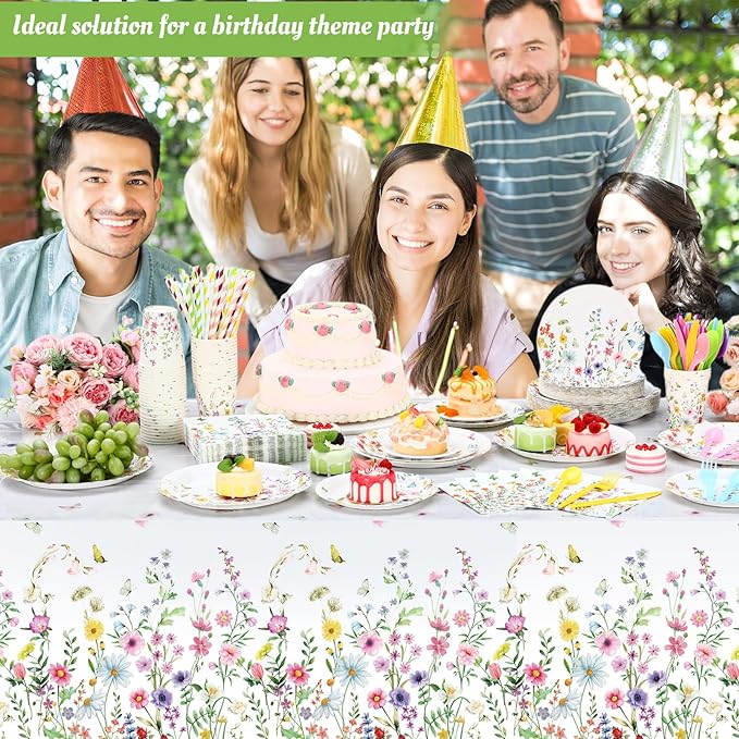 Funnymoom 452 Pcs Wildflower Party Supplies Include Spring Floral Disposable Paper Plates Napkins Cups Tablecloth and Cutlery Straws for Wedding Garden Tea Party Decoration Bridal Shower Baby Shower