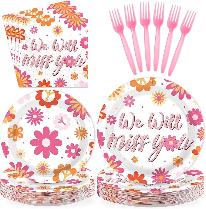 96Pcs Pink Daisy Farewell Party Supplies We Will Miss You Plates and Napkins Groovy Flowers Tableware Set for Boho Hippie Goodbye Office Retirement Going Away Party Decor, Serves 24