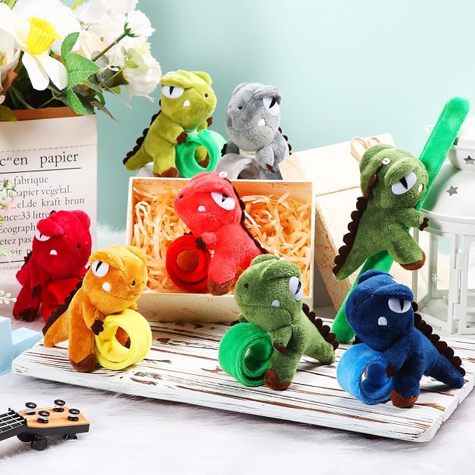 Lenwen 8 Pcs Dinosaur Stuffed Animals Slap Bracelets for Kids 8.66 Inch Back to School Plush Animal Bracelets Wrist Slap Snap Band Toy Adopt a Dinosaur Party Favors for Boys Girls Birthday Gifts