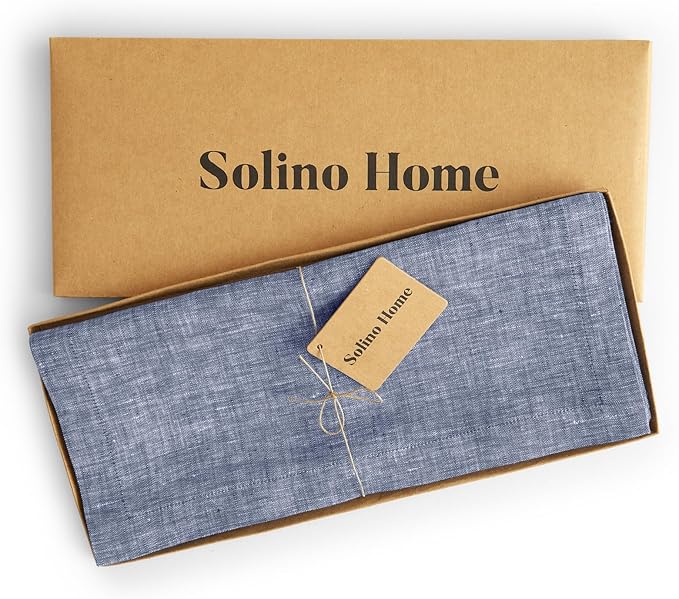 Solino Home Linen Table Runner 144 Inches Long - Athena, 100% Pure Linen Chambray Indigo 14 x 144 Inch Table Runner for Dining, Spring, Summer, Mothers Day