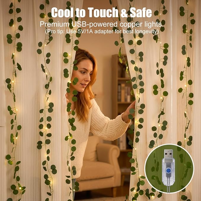 Bexdir 200 LED Curtain Vine Lights for Bedroom Decoration, 6.6x6.6ft Pre-Assembled Hanging Fake Vines with Fairy Lights USB Powered, Aesthetic Artificial Eucalyptus Lights for Room Wall Decor