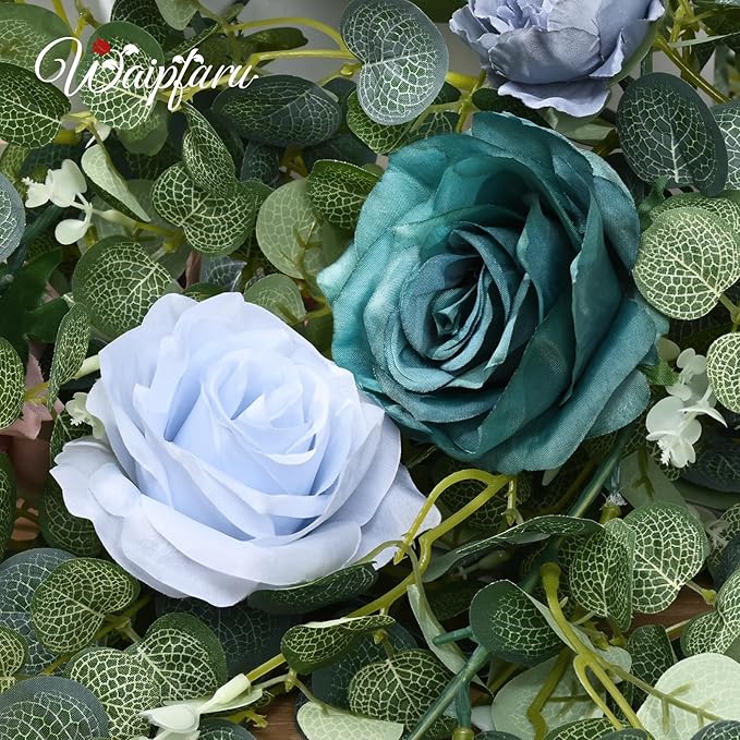 Waipfaru 2Pcs Flower Garland Decorations, Wedding Table Floral Rose Garland for Table Centerpieces Backdrop Wall, Eucalyptus Greenery Vines for Party Room Decor (Dusty Blue)