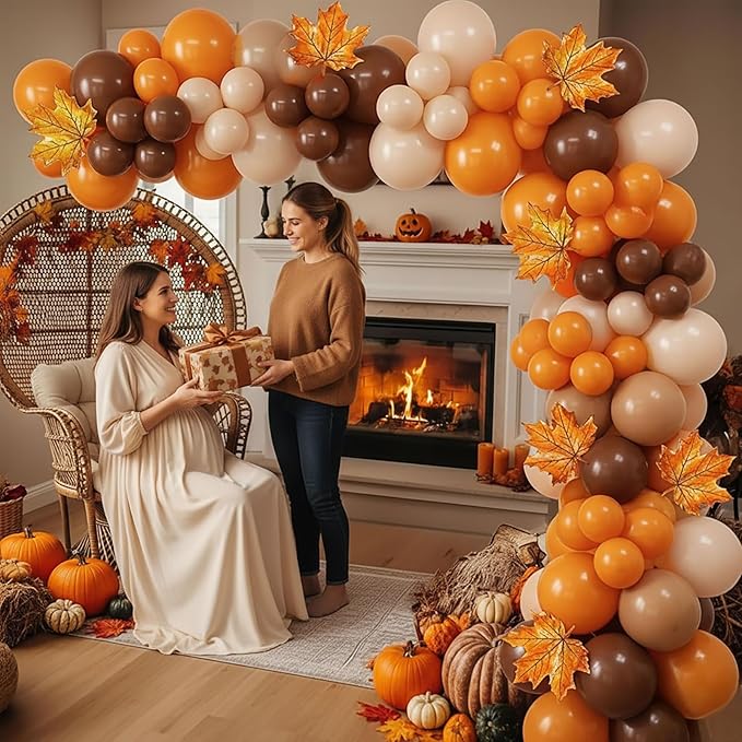 fall thanksgiving Burnt orange Balloon Garland Arch Kit Orange Cream Peach brown balloon with artificial maple leaf Autumnbackdrop for Boho Baby Shower Little Pumpkin friendsgiving Decorations