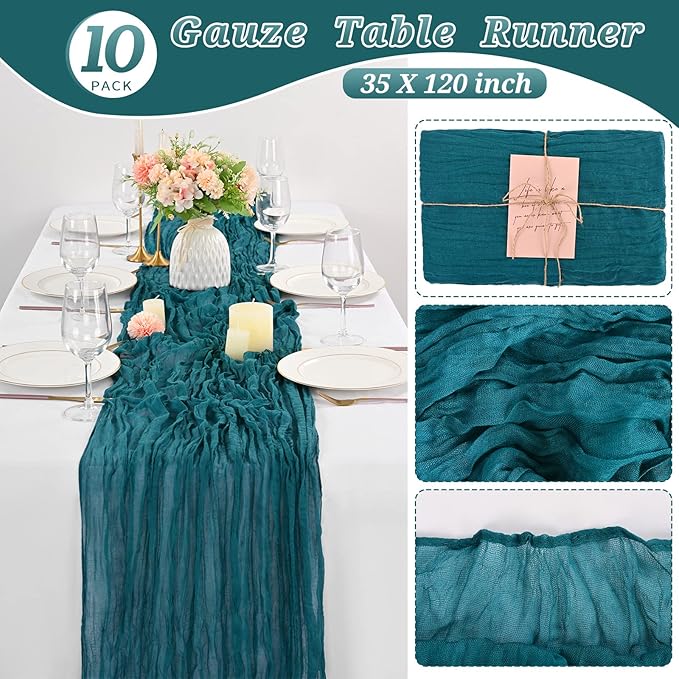 10 Pcs Teal Cheesecloth Table Runner 10FT, Gauze Cheese Cloth for Wedding Reception Rustic Sheer Bridal Shower Birthday Party Boho Table Decoration, Romantic Wedding Runner