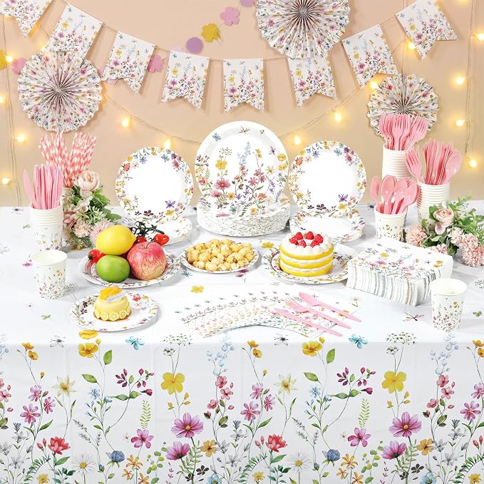 Funnymoom 452 Pcs Wildflower Party Decorations for 50 Guests, Spring Floral Paper Plates Napkins Cups Tablecloth Cutlery Straws for Wildflower Baby Shower Birthday Wedding Party Supplies