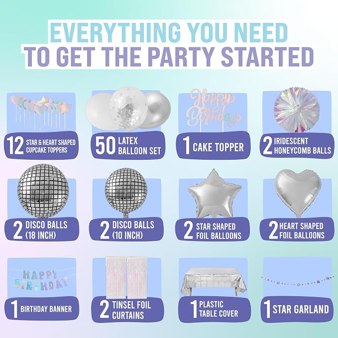 ecoZen Disco Decorations Set - Iridescent Party Supplies with Banner, Cutlery, Cupcake Toppers, Disco Ball Balloons - Great for Birthdays, Bridal Showers, Family Events, and Funfilled Celebrations