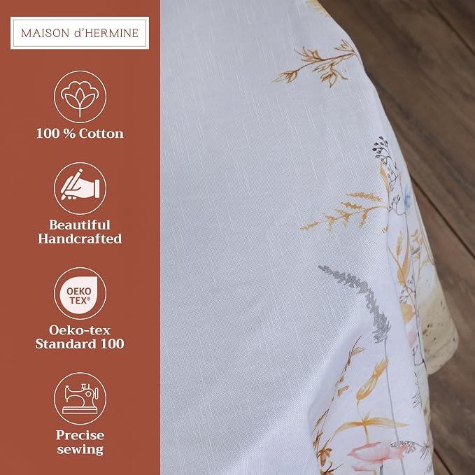 Maison d' Hermine Table Cloth Round Table 100% Cotton 63 Round Inches Tablecloth Reusable Decorative for Dining Kitchen Room Farmhouse Party Home Hotel Restaurant Spring Summer- Meadow Florals - Beige