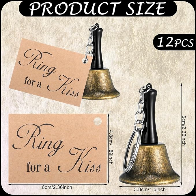 Lounsweer 12 Set Wedding Bells Bulk Ring for a Kiss with Tags Kissing Bells for Wedding Reception Decorations Goodies Bags Party Supplies