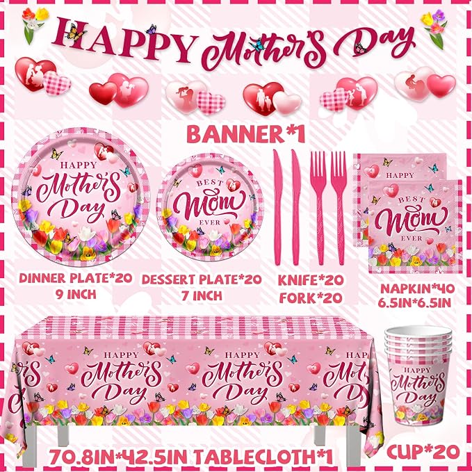GREHUMOR 142Pcs Happy Mother's Day Party Supplies Pink Mother's Day Tableware Floral Flowers Tulip Disposable Paper Plates,Tablecloth,Napkins,Cups,Forks and Knives for Best Mom Ever Party Decorations