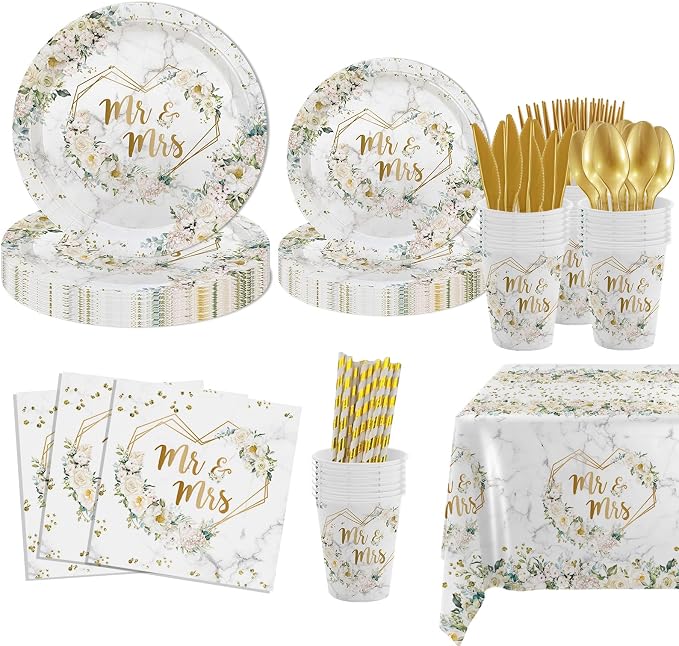 MEHOFOND 193 pcs White Wedding Party Decorations, Mr and Mrs Paper Plates Cup and Nakpins Set, 7x5ft Mr and Mrs Floral Backdrop for Bridal Shower White Flowers Gold Dots Glitter Photography Bac