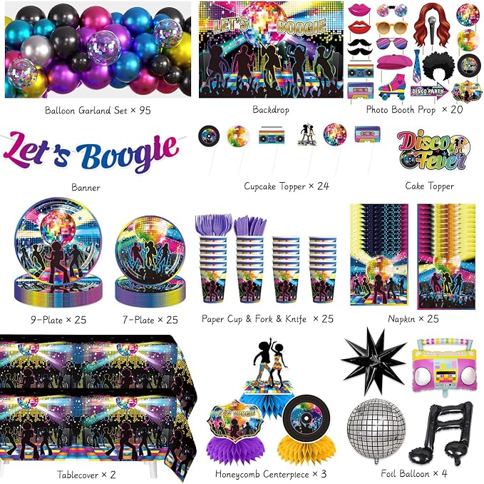 301pcs Disco Party Decorations for 70s, All-in-one 70s Party Decorations for 25 Guests, with No-DIY Banner Thick Plates and Disco Balloon Arch, Disco Photo Booth Props, Easy Setup for 70s Party