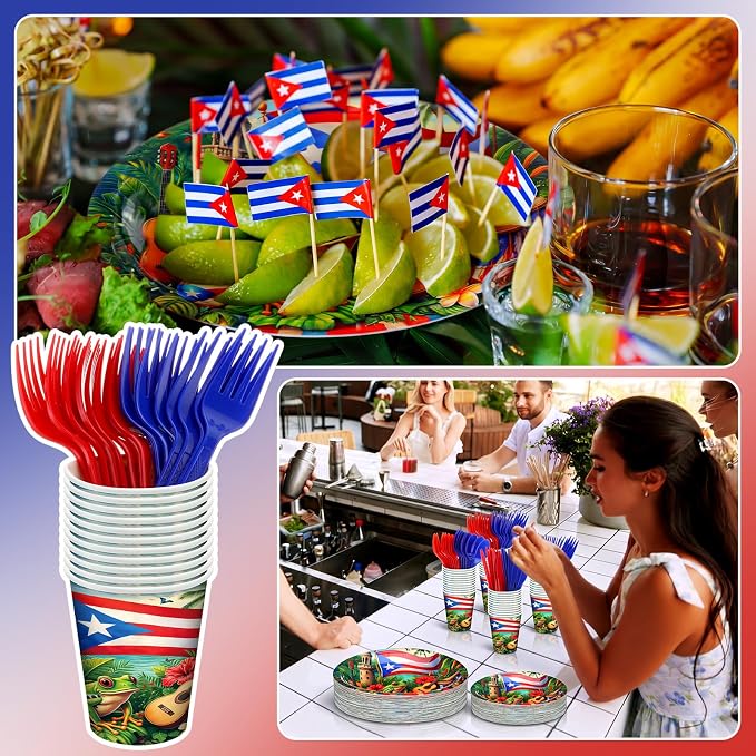 FoldTier 350 Pcs Puerto Rico Party Supplies Disposable Paper Plates Napkins Cups Puerto Rico Theme Birthday Party Decorations Tableware Flag Frog for Holiday Festival Family Friends Serve 50 Guests