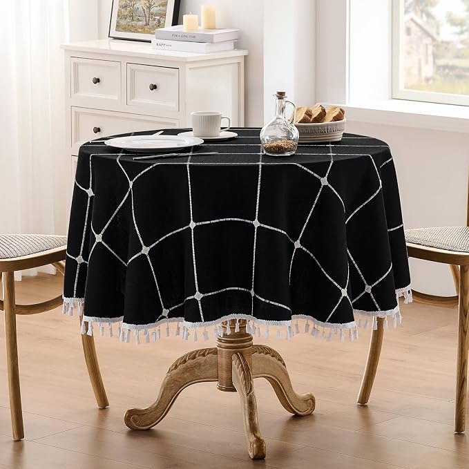ZeeMart Boho Grid Table Cloth with Tassels (Black, 60" Round), Heavy Weight Linen Checked Embroidered Farmhouse Tablecloth, Water Resistant Round Black Tablecloths