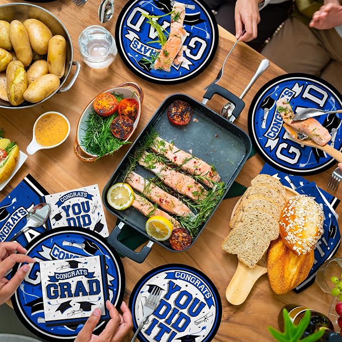 Graduation Party Supplies Dinnerware Set blue Disposable dinner paper plates dessert paper plates and Napkins for Congrats Grad Party Decorations, Serve 50