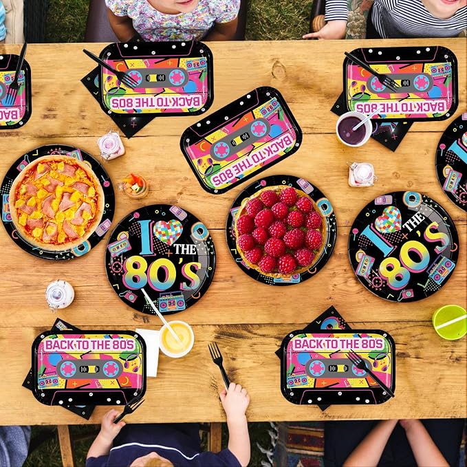 96Pcs Back to the 80s Birthday Party Decorations, Serve 24 | Back to the 80's Theme Plates and Napkins Tableware Sets Retro Colorful Hip Hop Decorations for Anniversary 1980's Supplies