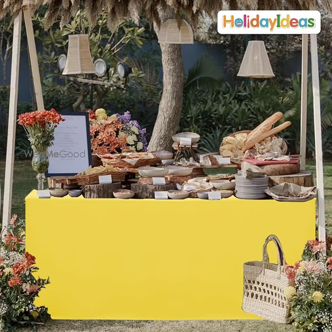HolidayIdeas 4-Pack 4ft Open Back Fitted Tablecloths for Craft Shows Yellow | 3-Sided coverage wrinkle resistant tablecloths for vendor booths,banquet events,outdoor pop-up shop