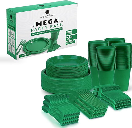 Grandipity 720 Piece Green Disposable Dinnerware Set, Plastic Dinnerware Set Includes 120 Count 9' Dinner Plates, 7' Dessert Plates, 12oz Cups, Forks, Knives & Spoons